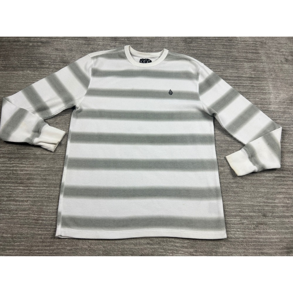 Volcom Thermal Shirt Mens XL White Grey Tenacious Stripe Waffle Knit A5339P7